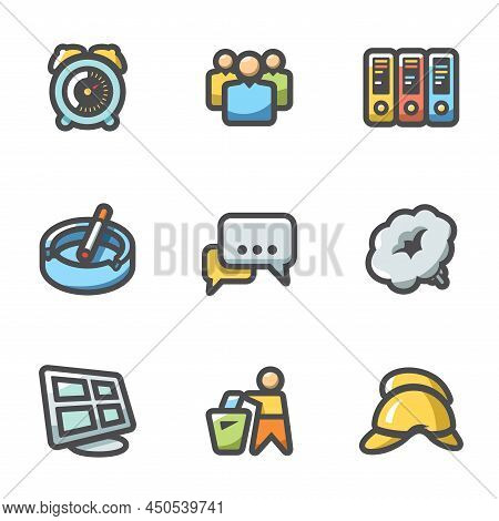 Vector Set Of Office Fire Alarm Icons. Team, Time, Documentation, Communication, Smoke, Urn, Surveil