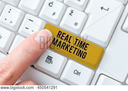 Hand Writing Sign Real Time Marketing. Internet Concept Creating A Strategy Focused On Current Relev