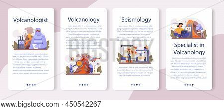 Volcanologist Mobile Application Banner Set. Geologist Studying The Processes