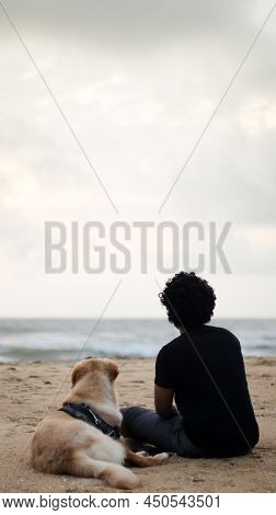 Vertical Shot Of A Golden Retriever Dog And His Person Sitting Together On The Beach Sand And Lookin