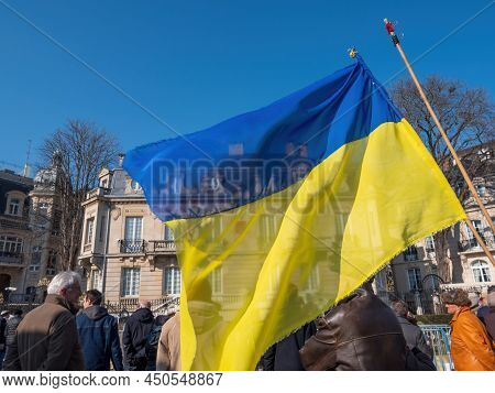 Strasbourg, France - Mar 6, 2022: Ukrainian National Flag Waving In Front Of Russian Consulate In So