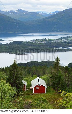 Norway Sunnmore District Landscape. View From Nihusen Mountain In Skodje Municipality. Red Vacation 