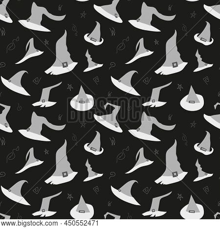 Monochrome Pattern In Black And White Colors With Witch's Hats With Ribbons And Buckles In Hand Draw