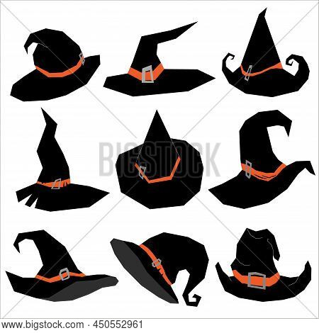 Set Of Black Witch's Hats With Orange Ribbons And Buckles In Flat Style With Angular Lines.