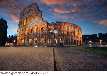 Colosseum, Rome, Italy. Image Of Iconic Colosseum In Rome, Italy At Beautiful Sunrise.