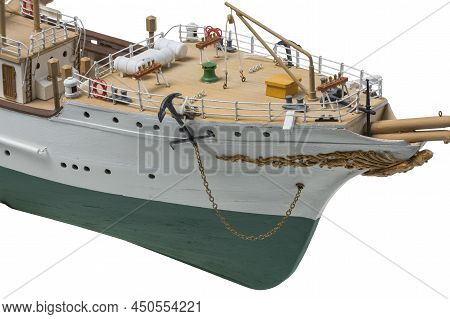 Close Up View Of Wooden Model Of Bow Of Ship Danmark. Beautiful Wooden Danmark Hobby Model Isolated.