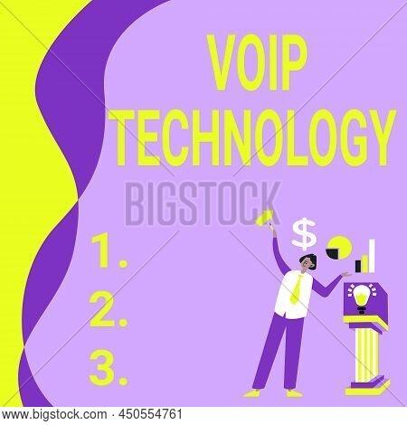 Handwriting Text Voip Technology. Business Approach Voip Technology Manstanding Alone Presenting Cha