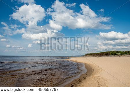 Carnikava, Latvia, Coastal Scene At The Baltic Sea With Fallen Trees In A Sunny Day
