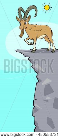 Cartoon Illustration Of Ibex Animal Character On Mountain