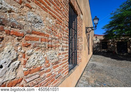 Old Red Brick Wall. Photo Of Surface Of Vintage Stony Wall. Wide Angle. Vintage Brickwork View. Oran