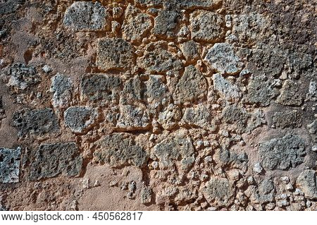 Old Gray Brick Wall. Photo Of Surface Of Vintage Stony Wall. Wide Angle. Vintage Brickwork View. Gre