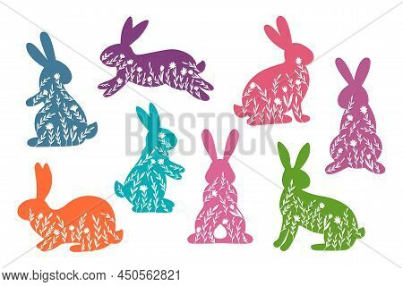 Happy Easter Vector Illustrations Of Bunnies, Rabbits Icons, Decorated With Flowers, Floral, Wildflo