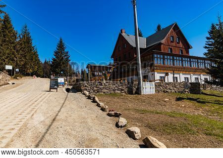 Owl Mountains, Poland - April 2021: Building Of Orzel Mountain Shelter In Owl Mountains