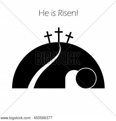 Cartoon Cave Three Crosses. Happy Easter. Vector Illustration. Stock Image.