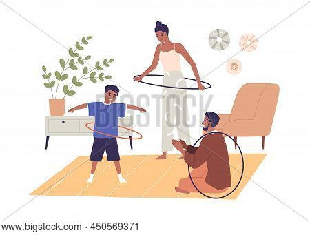 Family With Kid Exercising, Twirling Hula Hoop. Happy Mother, Father And Child Doing Sports At Home.