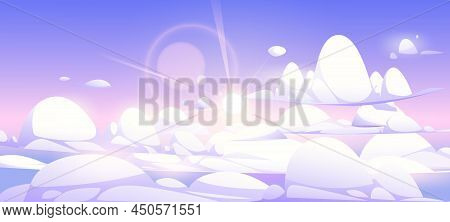 Above Clouds Sky Or Heaven Background, Nature Peaceful Landscape With White And Lilac Cumulonimbus C