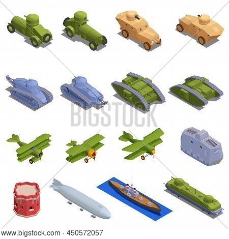 First World War Military Vehicles And Equipment Isometric Set Isolated Vector Illustration