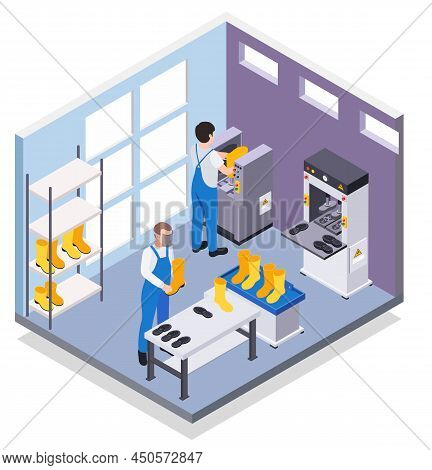 Rubber Production Isometric Composition With Two Workers Making Boots On Modern Machinary 3d Vector 