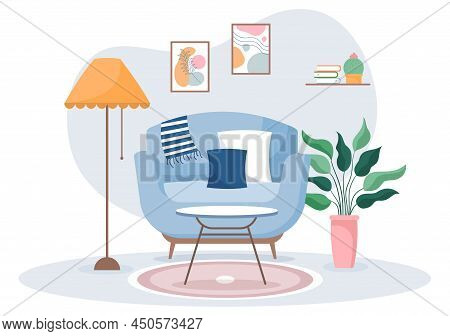 Home Furniture Flat Design Illustration For The Living Room To Be Comfortable Like A Sofa, Desk, Cup