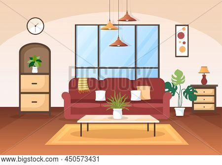 Home Furniture Flat Design Illustration For The Living Room To Be Comfortable Like A Sofa, Desk, Cup