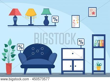 Home Furniture Store Flat Design Illustration For The Living Room To Be Comfortable Like A Sofa, Des