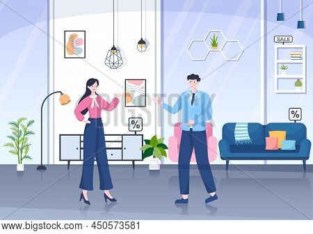 Home Furniture Store Flat Design Illustration For The Living Room To Be Comfortable Like A Sofa, Des