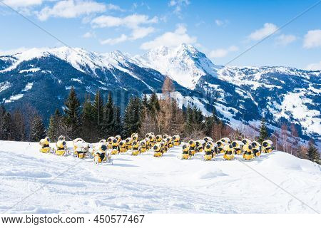 Snow Cannon To Make Artificial Snow At The Skiing Slope. Use Of Technology To Extend The Winter Seas