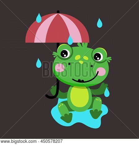 Сheerful Cute Frog Is Sitting Under An Umbrella. Isolated Vector Illustration In A Flat
