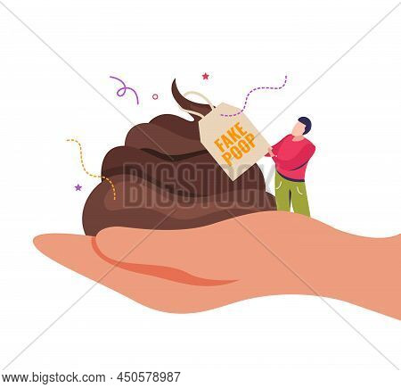 All Fools Day Flat Background Composition With Human Hand Holding Fake Poop With Text On Tag Vector 
