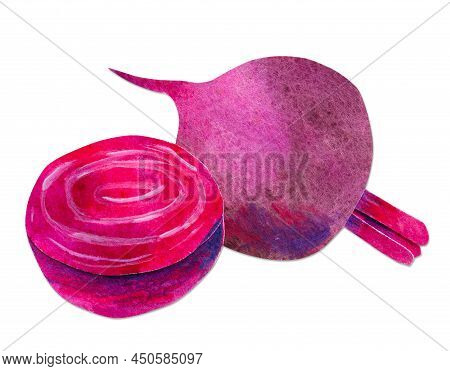 Hand-drawn Watercolor Papercut Beetroot. Bright Cute Kawaii Kidcore Style Illustration, Good For Far