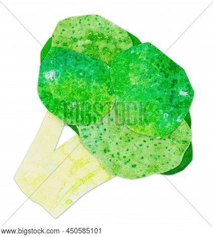 Hand-drawn Watercolor Papercut Green Broccoli. Bright Cute Kawaii Kidcore Style Illustration, Good F