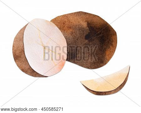 Hand-drawn Watercolor Papercut Sliced And Whole Potatoes. Bright Cute Kawaii Kidcore Style Illustrat