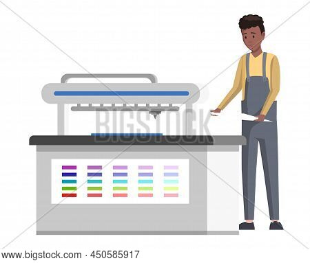 Male Worker Printing, Publishing Document With Equipment. Print Shop Services, Printing Process Vect
