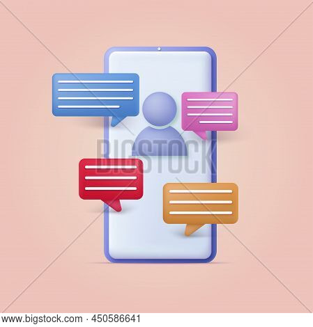 3d Smartphone With Speech Bubbles, Chat Concept. Vector