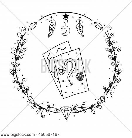 Divination Cards Vector Hand Drawn Doodle Illustration. Oracle And Prediction Of The Future On The M