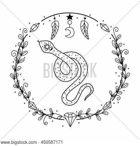 Vector Hand Drawn Snake Illustration. The Snake Is A Symbol Of Witches, Divination And Accultism. My
