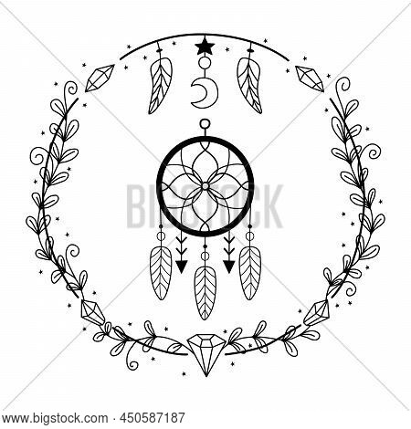Dreamcatcher Hand Drawn Doodle Illustration. Talisman Of Protection In Astrology And Accultism. Magi