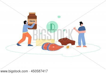 Vitamin D Food Sources And Vitamin Supplements, Vector Illustration Isolated.