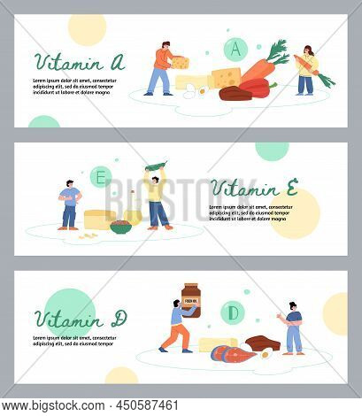 Food Rich In Vitamin A, E And D With People Carrying Healthy Products, Horizontal Banner, Flat Vecto
