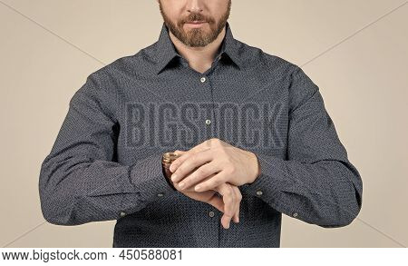 Bearded Man Cropped View In Casual Shirt Check Time On Watch Grey Background, Timekeeping