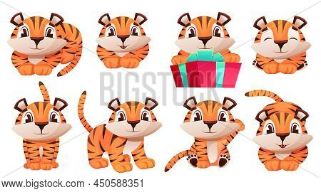 Set Of Cute Little Tiger Characters With Gift Box, Air Balloon, Celebrate, Jump, Stand, Smile. Lying
