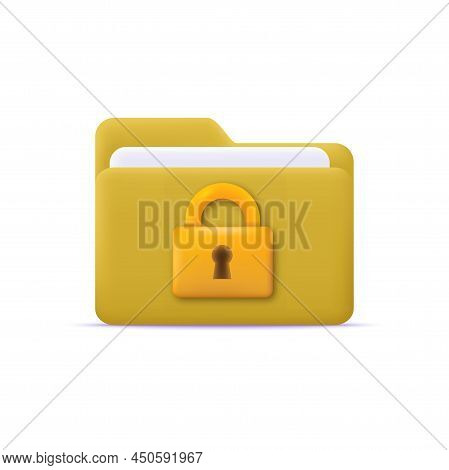3D Folder With Locked Padlock Security Concept. Vector