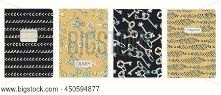 Cover Page Templates Based On Seamless Patterns With Keys, Circles. Background For Notebooks, Notepa