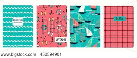 Cover Page Vector Templates With Sailing Boats, Waves. Headers Isolated And Replaceable
