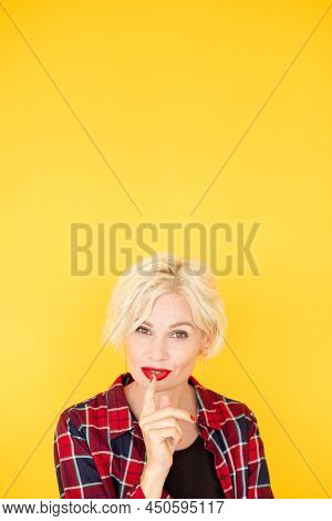 Be Quiet. Conspirator Woman. Silence Expression. Mysterious Casual Middle-aged Lady Holding Shush Fi