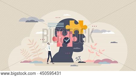 Decision Mind Puzzle And Problem Solving In Head Or Brain Tiny Person Concept. Analysis Process With