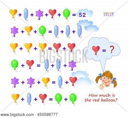 Mathematical Logic Puzzle Game For Smartest. How Much Is The Red Balloon? Solve Examples And Find So