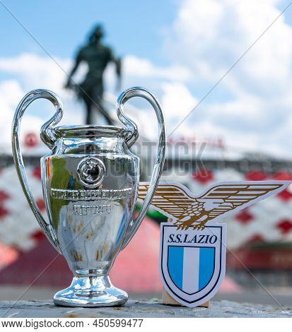 June 14, 2021, Rome, Italy. S.s. Football Club Emblem Lazio And The Uefa Champions League Cup Agains