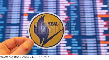 December 11, 2021, Baku, Azerbaijan. The Emblem Of Azerbaijan Airlines Against The Background Of An 
