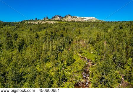 Sheregesh Ski Resort In Summer, Landscape On Mountain Mustag, Aerial Top View Kemerovo Region Russia